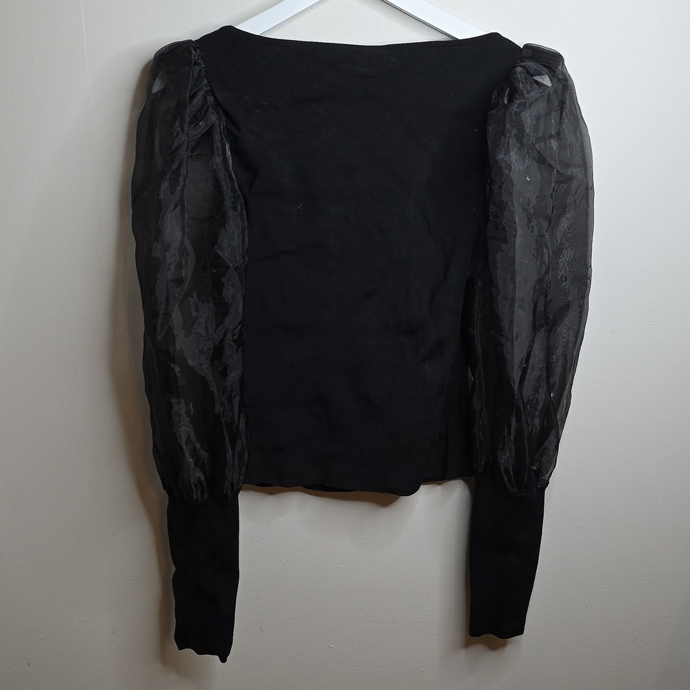 Alice + Olivia  Black Top with Sheer Sleeves Sz Large - Picture 5 of 5
